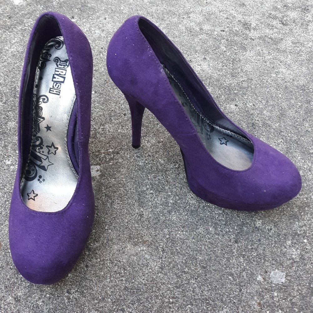 Purple suede platform stiletto heels